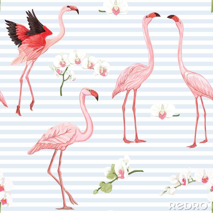 Tapete Flamingos und Orchideen auf gestreiftem Hintergrund