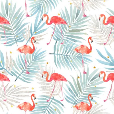 Tapete Flamingos und Palmblättern