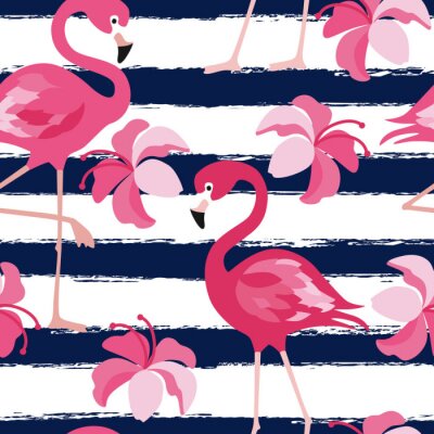 Tapete Flamingos und rosa Blumen auf gestreiftem Hintergrund