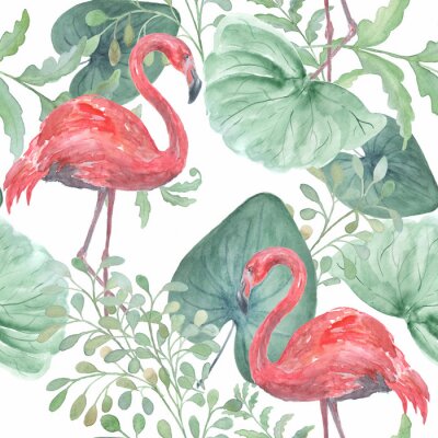 Flamingos und tropische Aquarellblätter