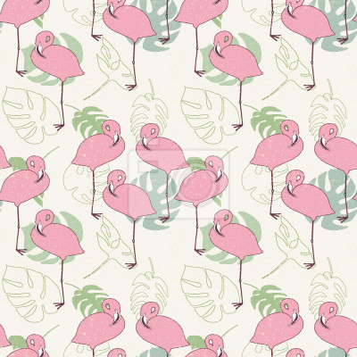 Flamingos und tropische Blätter