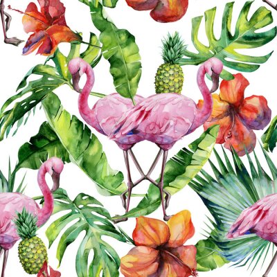 Tapete Flamingos und tropischen Blumen