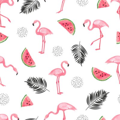 Tapete Flamingos unter Wassermelonen und Blättern