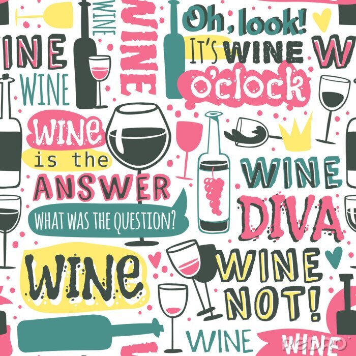 Tapete Flaschen und Gläser Wein nahtlose Muster Text Vektor-Illustration.