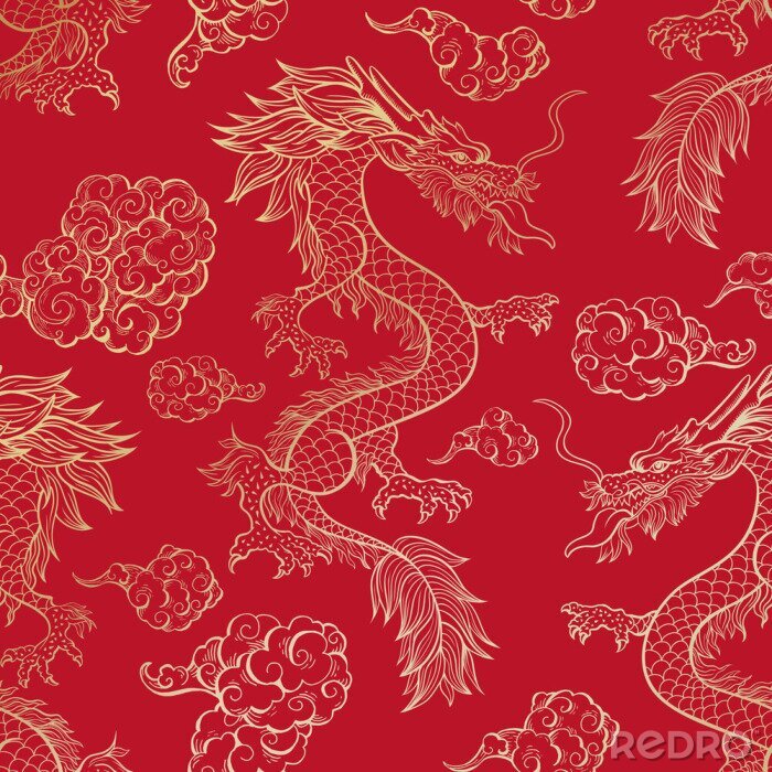 Tapete Fliegende orientalische chinesische Drachen auf rotem Grund