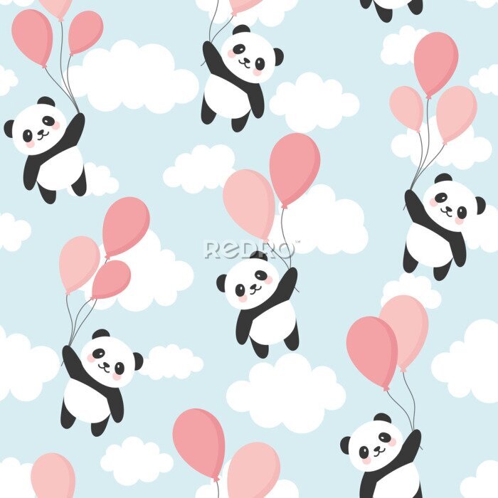Tapete Fliegende Pandas am Himmel mit rosa Luftballons