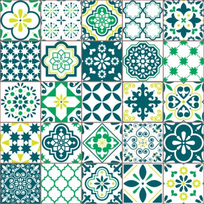 Tapete Fliesenvektormuster - Azulejo Lissabon Retro altes Fliesenmosaik, portugiesisches nahtloses grünes Design