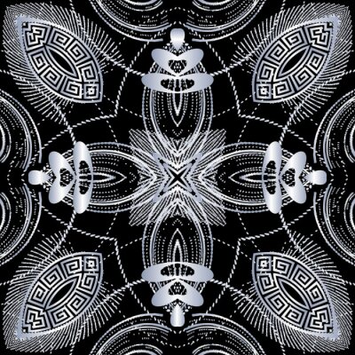 Tapete Floral greek vector seamless pattern. Abstract background with grunge 3d flowers, halftone shapes, greek key, meanders, lines. Beautiful modern greek key ornament. Decorative textured dirty design