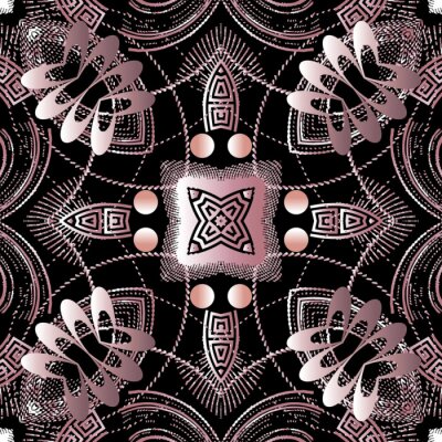 Tapete Floral greek vector seamless pattern. Abstract background with grunge 3d flowers, halftone shapes, greek key, meanders, lines. Rough modern greek key ornaments. Decorative textured dirty design