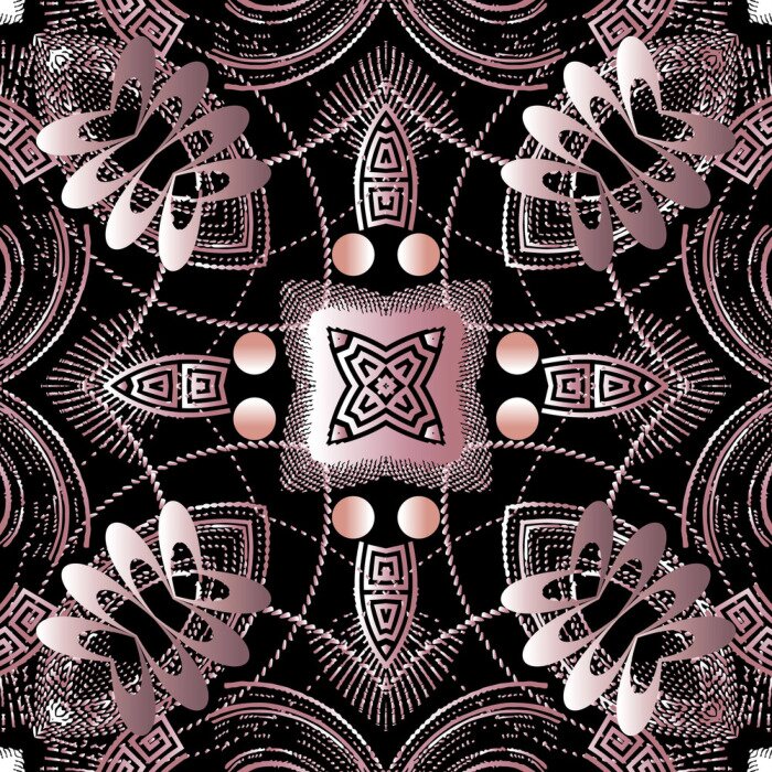 Tapete Floral greek vector seamless pattern. Abstract background with grunge 3d flowers, halftone shapes, greek key, meanders, lines. Rough modern greek key ornaments. Decorative textured dirty design