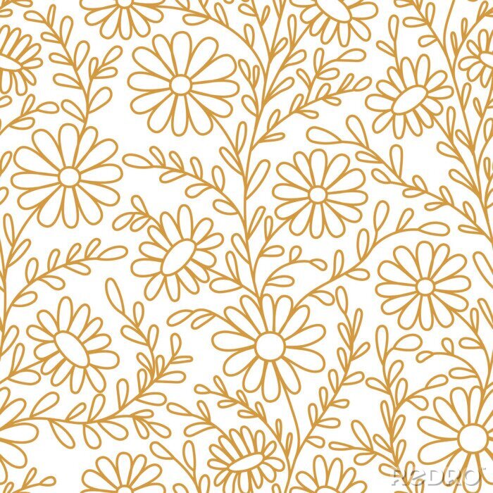 Tapete Floral pattern. Chamomiles. Seamless pattern gold outline on a white background