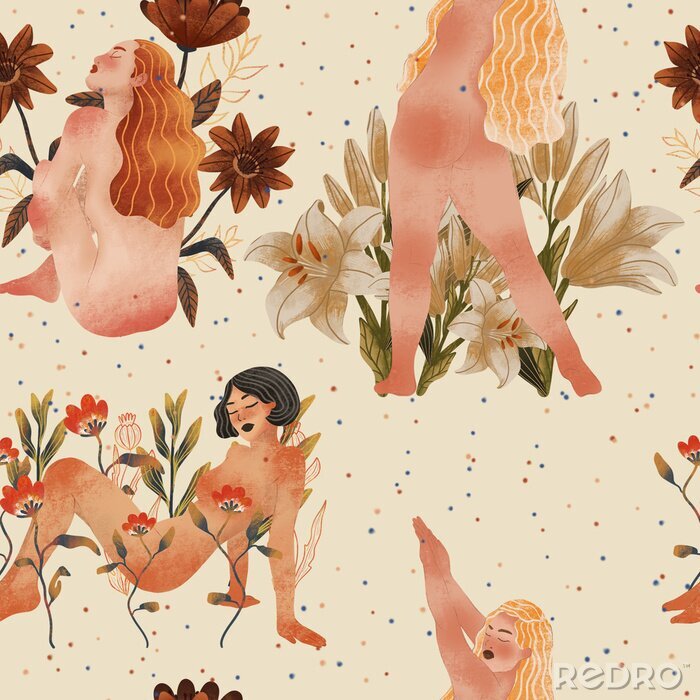 Tapete Floral raster female  seamless pattern. Floral botanical motifs with girls. Illustration with flowers can be used for wallpapers, pattern fills, web page backgrounds,surface textures. 