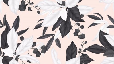 Tapete Floral seamless pattern, black and white magnolia leaves, eucalyptus leaves on light orange background