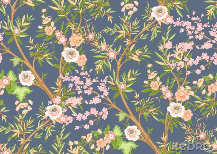 Tapete Floral seamless pattern in chinoiserie style. Vector illustration.