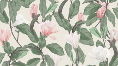 Tapete Floral seamless pattern, pink and white Anise magnolia flowers and leaves on light brown, pastel vintage theme