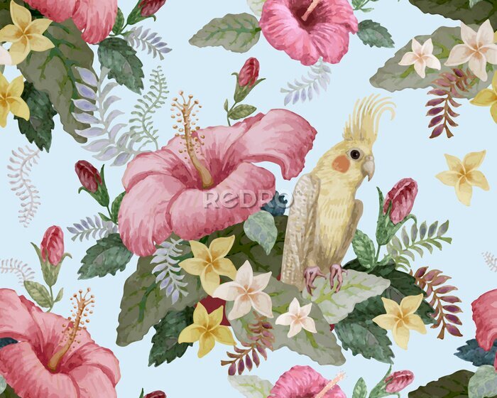 Tapete Floral seamless pattern. Pink hibiscus and frangipani flowers, yellow Australian parakeet, fantasy tropical foliage on a light blue background. Wallpaper, batik paint, chintz design