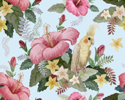 Tapete Floral seamless pattern. Pink hibiscus and frangipani flowers, yellow Australian parakeet, fantasy tropical foliage on a light blue background. Wallpaper, batik paint, chintz design