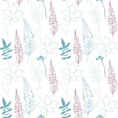 Tapete Floral Vektor nahtlose Muster mit verschiedenen Hand gezeichneten Blätter, wilde Blumen und Pflanzen