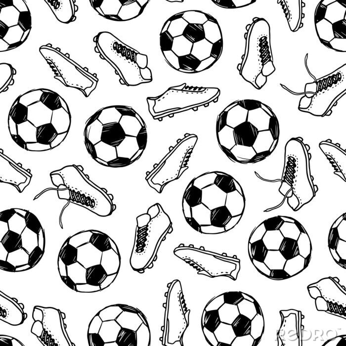 Tapete Football Soccer balls and boots doodle seamless pattern. Vector illustration background. For print, textile, web, home decor, fashion, surface, graphic design
