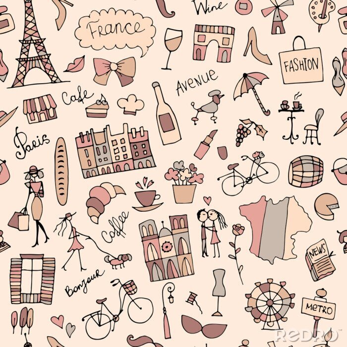 Tapete Frankreich Skizze, nahtlose Muster für Ihr Design