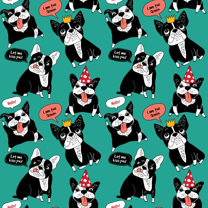 Tapete Französische Bulldoggen auf buntem Hintergrund