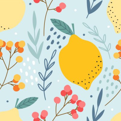 Fröhliche Grafik mit Zitrone und Zweigen