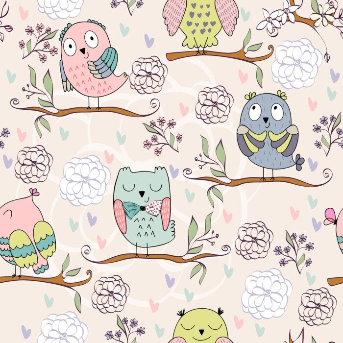 Tapete Fröhliche kleine Eulen auf Zweigen