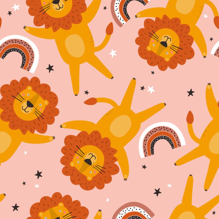 Tapete Fröhliche Löwen zwischen Regenbögen und Sternen