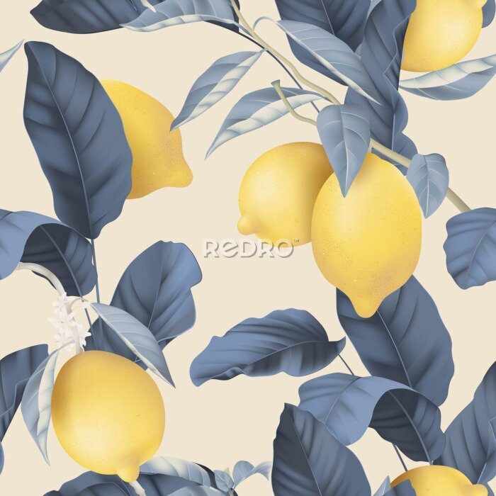 Tapete Fruit seamless pattern, pastel lemons and blue leaves on bright brown