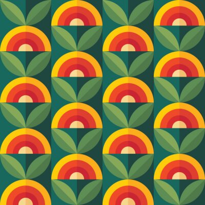 Tapete Fruits and leaves nature background. Mid-century modern art vector. Abstract geometric seamless pattern. Decorative ornament in retro vintage design flat style. Floral backdrop.