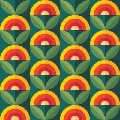 Tapete Fruits and leaves nature background. Mid-century modern art vector. Abstract geometric seamless pattern. Decorative ornament in retro vintage design flat style. Floral backdrop.