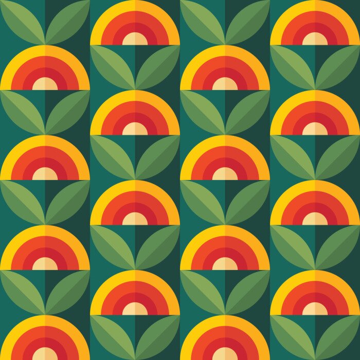 Tapete Fruits and leaves nature background. Mid-century modern art vector. Abstract geometric seamless pattern. Decorative ornament in retro vintage design flat style. Floral backdrop.