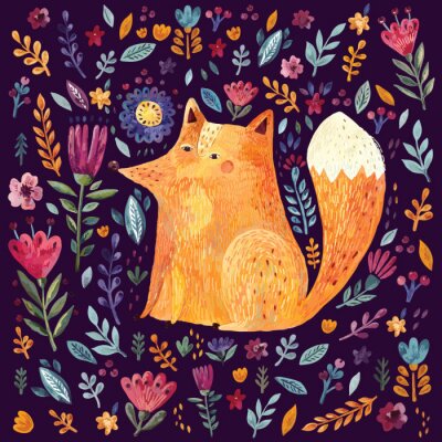 Tapete Fuchs inmitten von Blumen auf dunklem Hintergrund