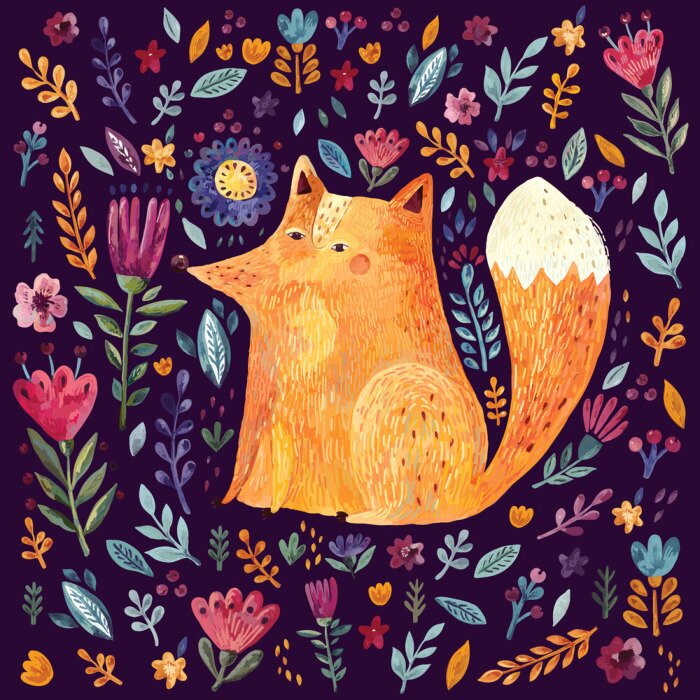 Tapete Fuchs inmitten von Blumen auf dunklem Hintergrund