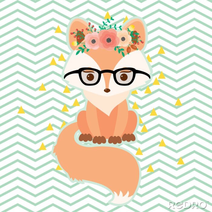 Tapete Fuchs mit Brille und Blumenkranz auf dem Kopf