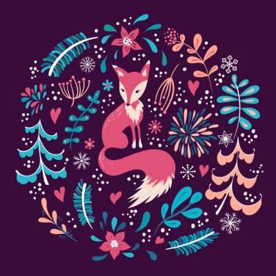 Tapete Fuchs zwischen Pflanzen auf bordeauxrotem Hintergrund