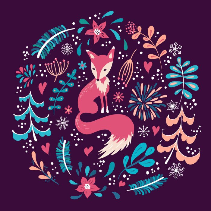 Tapete Fuchs zwischen Pflanzen auf bordeauxrotem Hintergrund