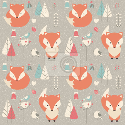 Tapete Füchse, die inmitten von Blättern und Vögeln stehen und schlafen