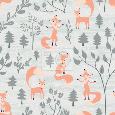 Tapete Füchse im Wald zwischen den Bäumen