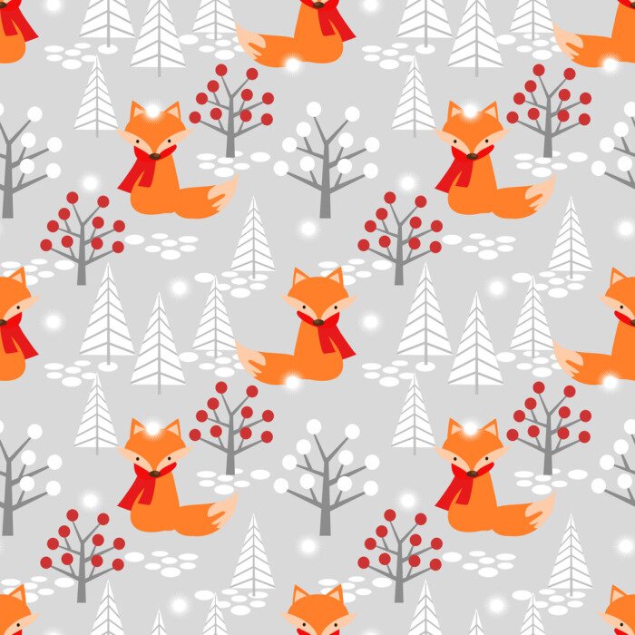Tapete Füchse mit Schals und weiße Bäume