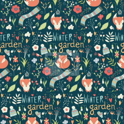 Tapete Füchse Mützen und Schals auf dunklem Hintergrund