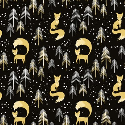 Tapete Füchse und Bäume in Schwarz- und Gelbtönen