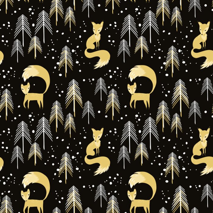Tapete Füchse und Bäume in Schwarz- und Gelbtönen