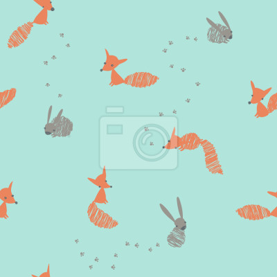 Tapete Füchse und Hasen auf blauem Hintergrund