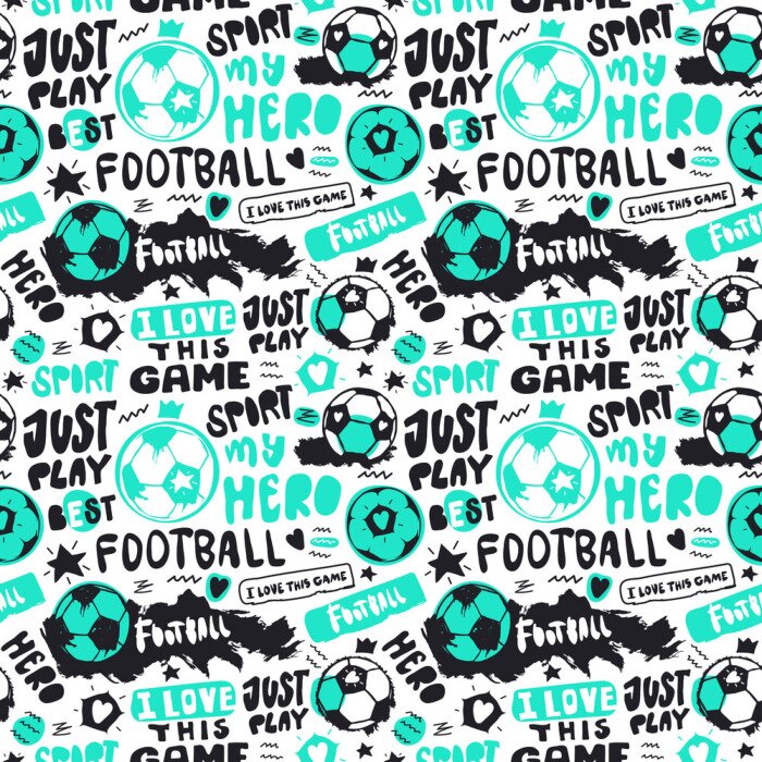 Tapete Funny Seamless Pattern with soccer balls and text for children. Grunge style, doodle, short hand written phrases. Sports background. Text: just play, i love this game, hero..