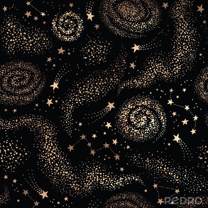 Tapete Galaxy seamless black pattern with gold nebula, constellations and stars