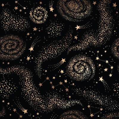 Tapete Galaxy seamless black pattern with gold nebula, constellations and stars