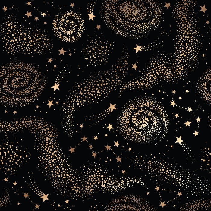 Tapete Galaxy seamless black pattern with gold nebula, constellations and stars