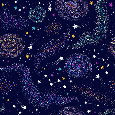 Tapete Galaxy seamless deep violet pattern with colorful nebula, constellations and stars