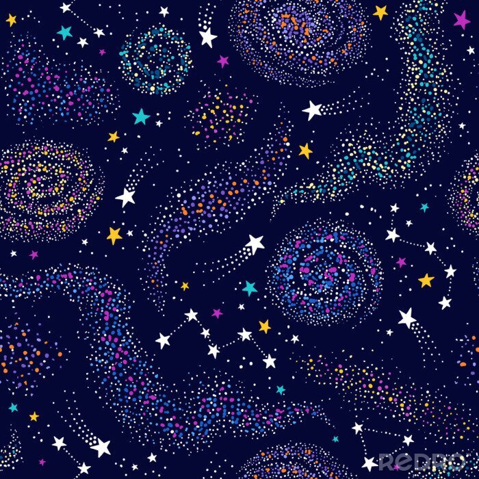 Tapete Galaxy seamless deep violet pattern with colorful nebula, constellations and stars